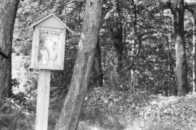 5. Svatý obrázek u lesní cesty, v pozadí hromadisko, 60. léta 20. století / A holy image by a forest path with a rockpile in the background, 1960s