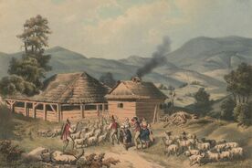 4. Panská pajta a koliba, litografie F. Kalivoda, 19. století / Open shed and shepherd’s hut, lithograph by F. Kalivoda, the 19th century