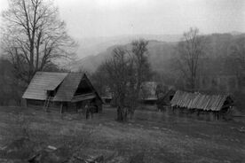 7_Karolinka-Rákošové, ukázka rodového shluku Orszagů-Titinů in situ, 1967 / Karolinka-Rákošové, the cluster of cottages of the Orszag-Titin family in situ, 1967